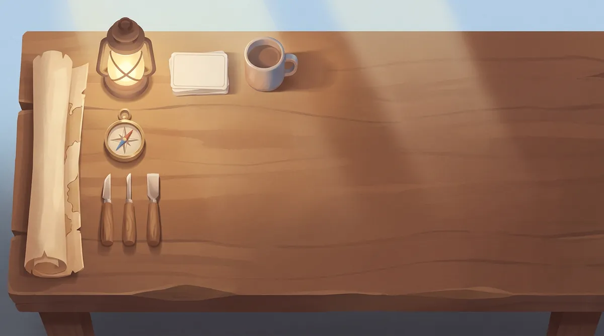 A wooden workbench in morning light with a rolled map, a lantern and hand tools.